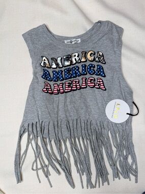 Love Peace & Lazy Days Tank Top Womens Small Gray America Fringe Hem Sleeveless